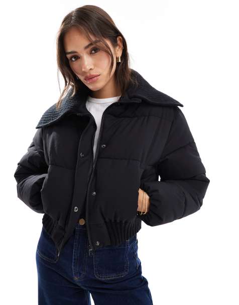 Cotton On puffer jacket with knitted collar in black - view 1
