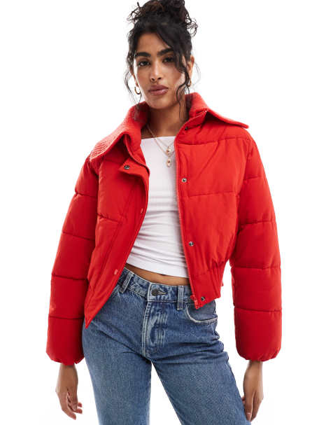 Cotton On puffer jacket with knitted collar in crimson red - view 1