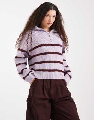 Cotton On - Pull à rayures avec col zippé - Lilas-Violet