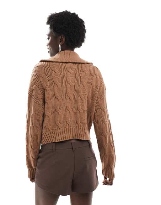 Cotton On – Pullover aus Baumwolle in Walnuss-Braun mit Zopfmuster und halblangem Reißverschluss, 3 von 4