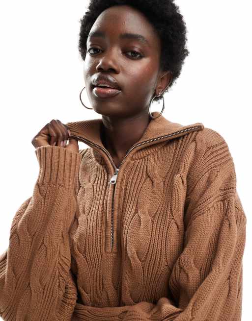 Cotton On – Pullover aus Baumwolle in Walnuss-Braun mit Zopfmuster und halblangem Reißverschluss, 4 von 4