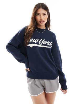 Cotton On - Pullover in Marineblau mit Rundhalsausschnitt und New York-Grafik