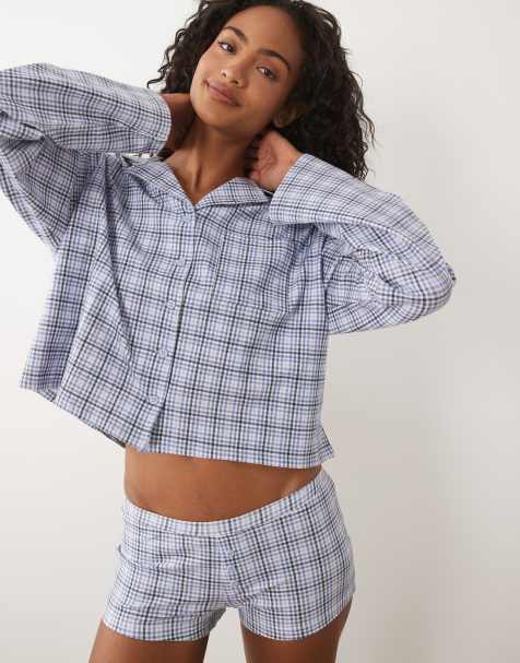 Cotton On - Pyjama - Chemise boutonnée coupe carrée en tissu doux à petits carreaux - Bleu - view 1