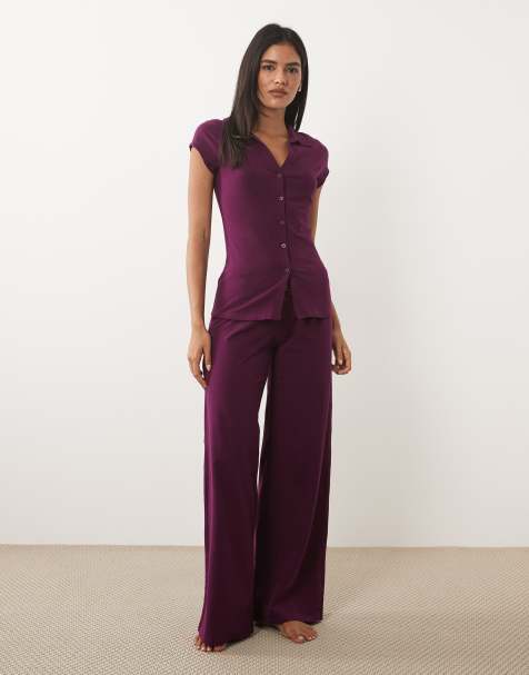 Cotton On pyjama dreamy button down top and flare trouser in blackcurrant - view 1