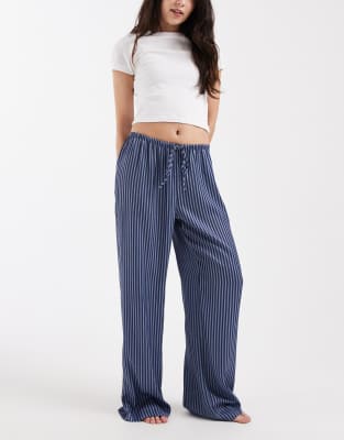 Pyjama-Hose aus gewaschenem Satin mit weitem Bein und blauen Streifen Blau S