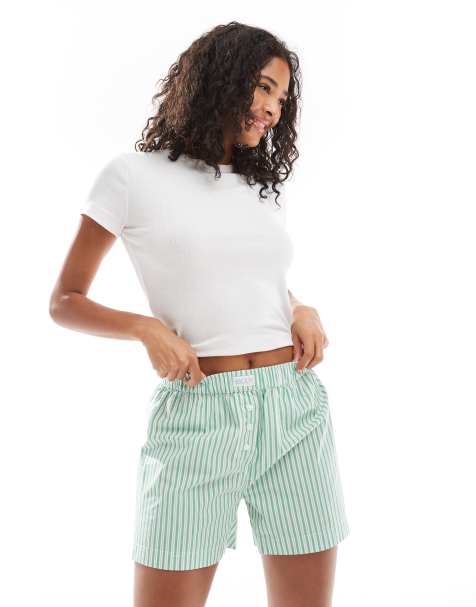 Cotton On – Pyjama-Shorts in Grün gestreift im Boxer-Stil - view 1