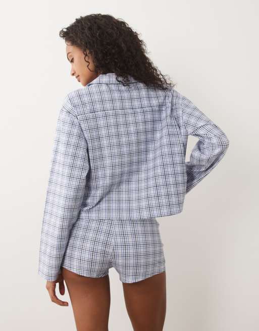 Cotton On pyjama soft boxy button down shirt with matching shorts in blue micro check, 4 of 4