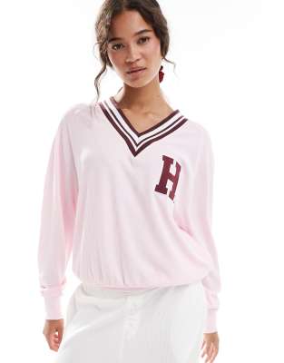 Cotton On - Pyjama-Sweatshirt in Blushing Bride mit Waffelstruktur und V-Ausschnitt-Rosa