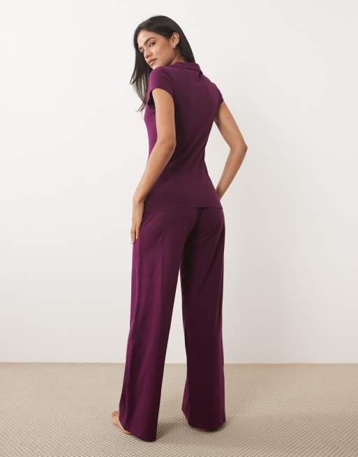 Cotton On pyjamas drömmig skjorta med knappar och utsvängda byxor i blackcurrant, 2 av 4