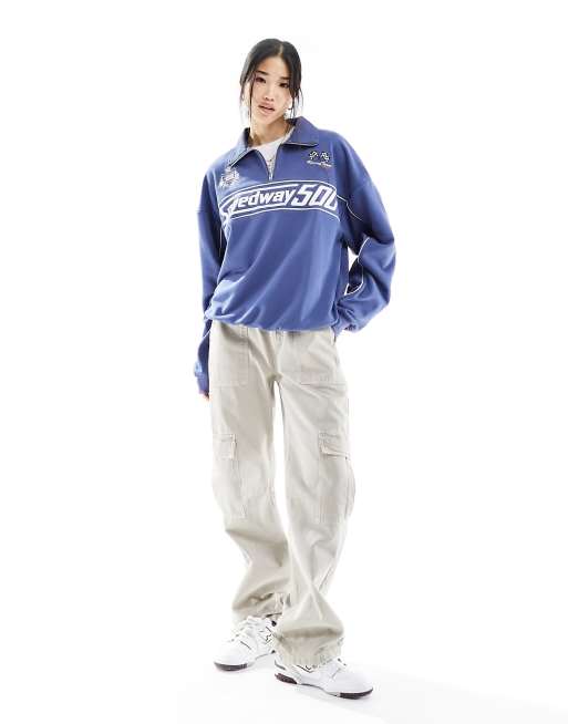 Cotton On quarter zip sweatshirt in navy with speedway
