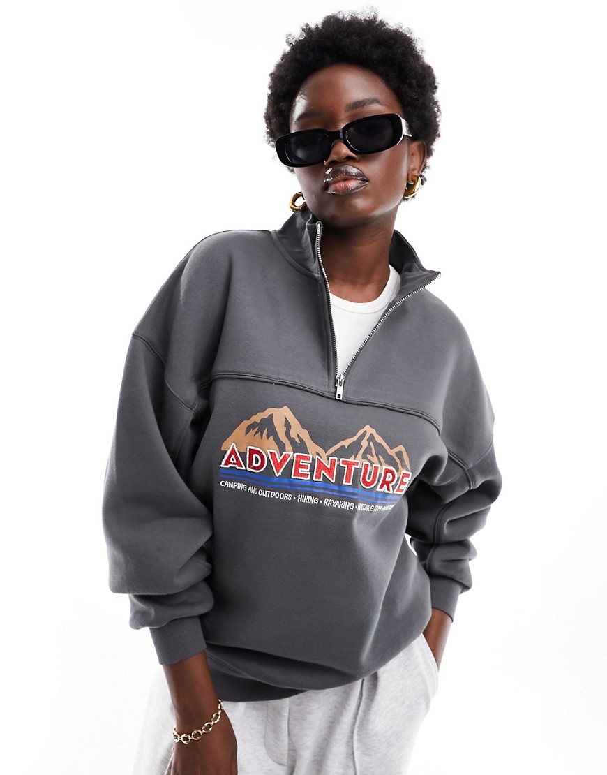 Cotton On quarter zip sweatshirt with retro mountain graphic in charcoal-Black