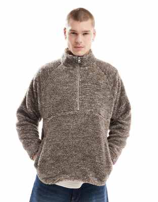 Cotton:On Cotton On quarter zip teddy fleece pullover in putty-Gray