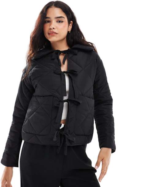 Cotton On quilted jacket with bows in black - view 1