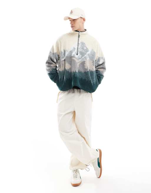 Cotton On - Rechte fleece met kwartrits en bergen in botkleur, 4 van 4