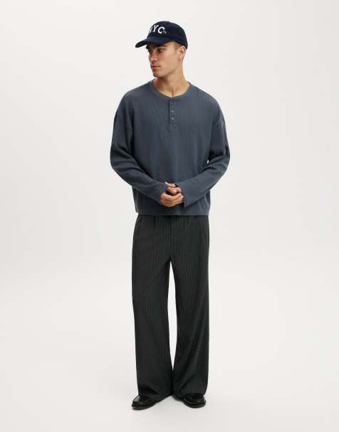 Cotton On Relaxed fit textured henley long sleeve in blue - view 1