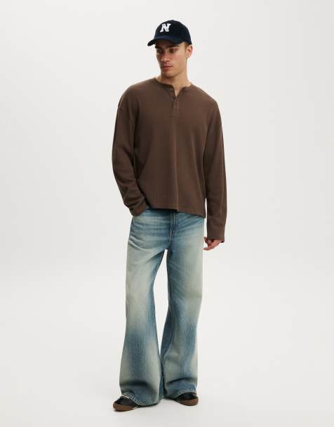 Cotton On Relaxed fit textured henley long sleeve in espresso waffle - view 1