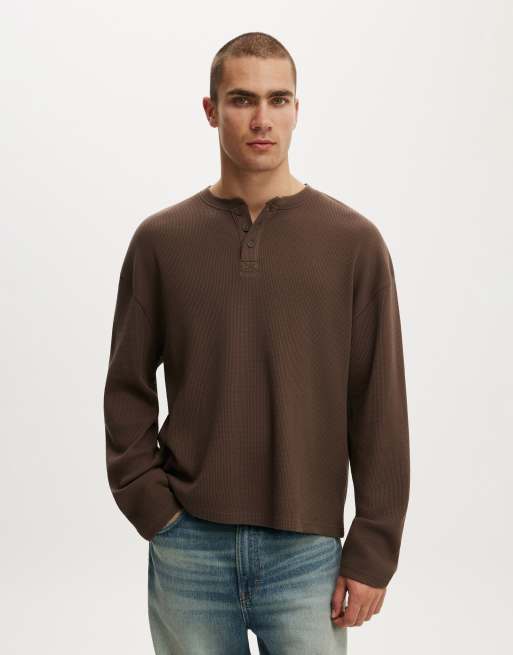 Cotton On Relaxed fit textured henley long sleeve in espresso waffle, 2 of 4