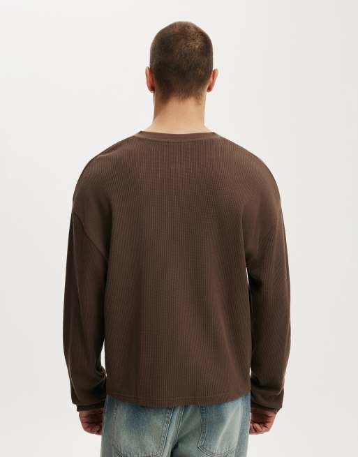 Cotton On Relaxed fit textured henley long sleeve in espresso waffle, 4 of 4