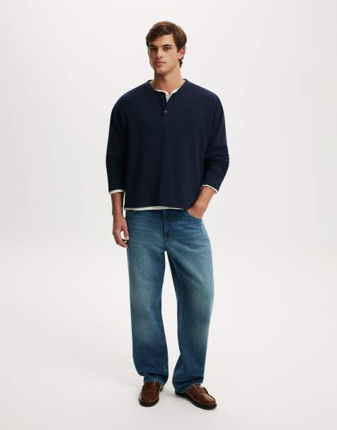 Cotton On Relaxed fit textured henley long sleeve in vintage navy waffle - view 1