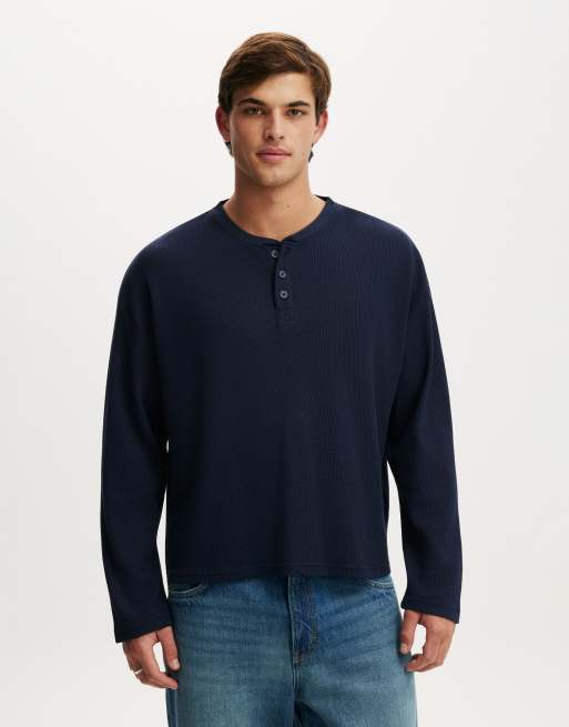 Cotton On Relaxed fit textured henley long sleeve in vintage navy waffle, 2 of 4
