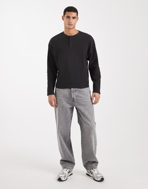Cotton On relaxed fit textured henley long sleeve t-shirt in black, 2 of 5