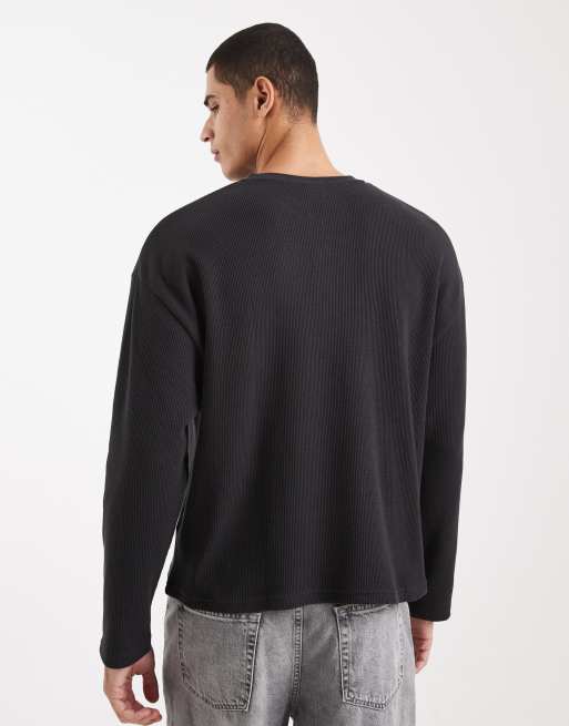 Cotton On relaxed fit textured henley long sleeve t-shirt in black, 3 of 5