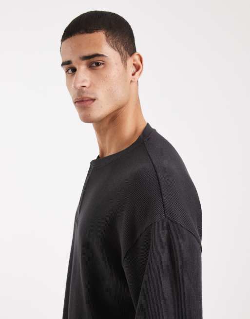 Cotton On relaxed fit textured henley long sleeve t-shirt in black, 4 of 5
