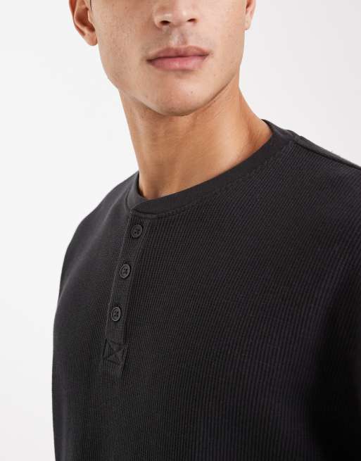 Cotton On relaxed fit textured henley long sleeve t-shirt in black, 5 of 5