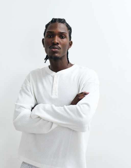 Cotton On relaxed fit textured henley long sleeve top in white waffle, 5 of 5