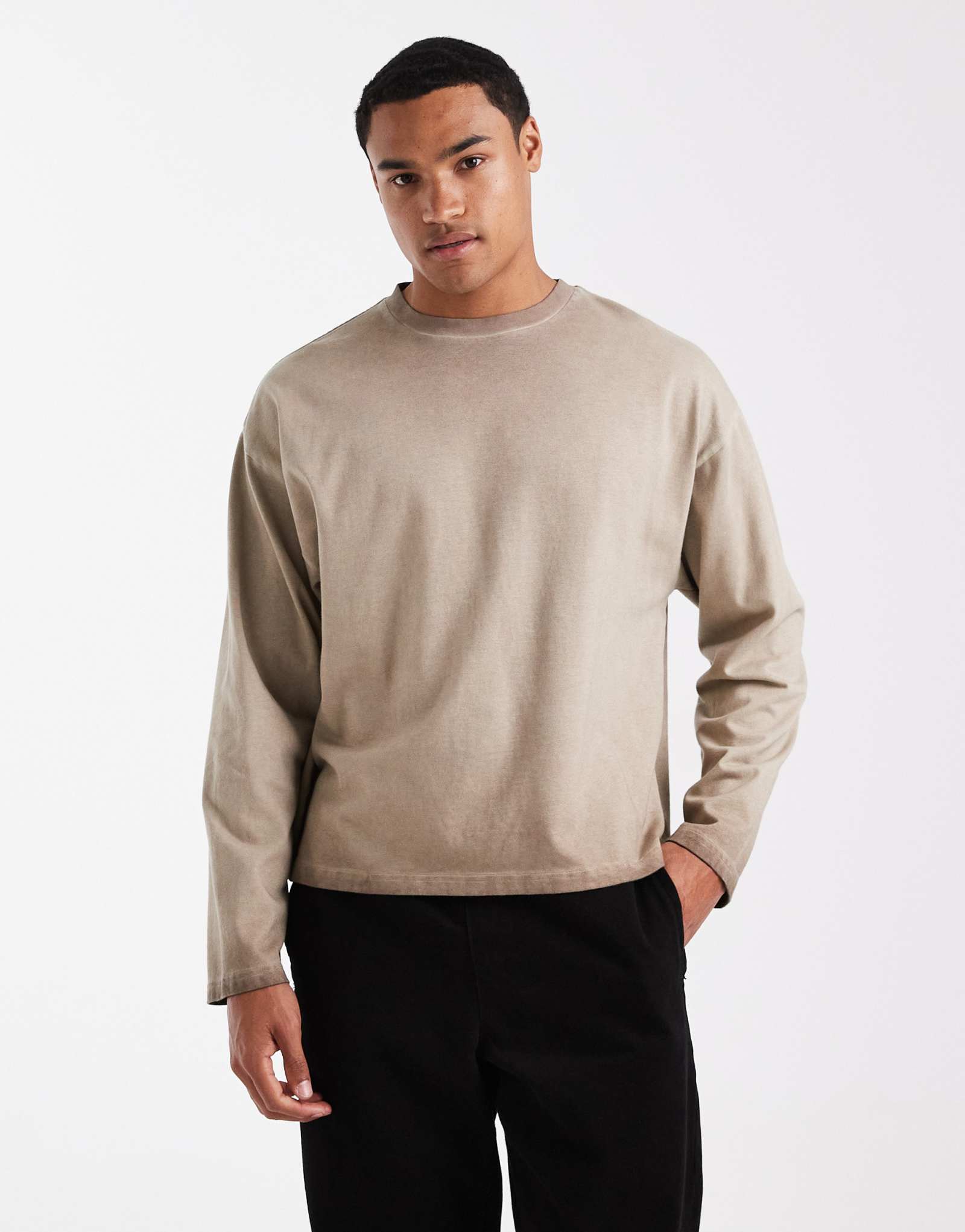 Хлопковая футболка свободного покроя Y2K с длинным рукавом цвета каменного гравия 