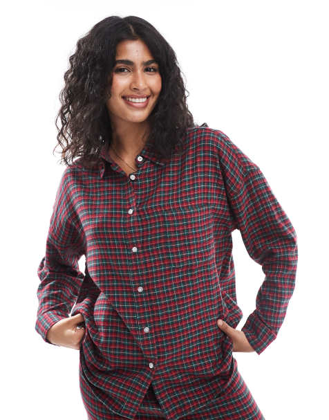 Cotton On relaxed flannel pyjama shirt in red micro check (part of a set) - view 1