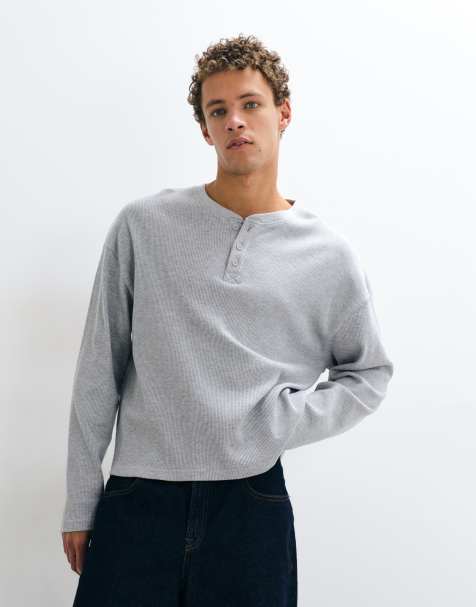 Cotton On relaxed fot textured henley long sleeve in grey marle waffle - view 1