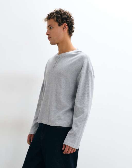 Cotton On relaxed fot textured henley long sleeve in grey marle waffle, 4 of 5