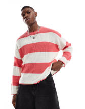 COLLUSION knitted crotchet stripe jumper in red