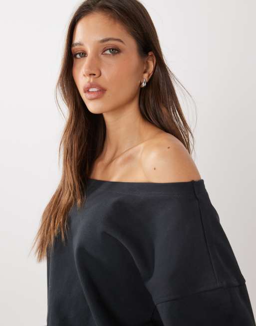 Cotton On relaxed off shoulder sweatshirt in asphalt black, 3 of 4