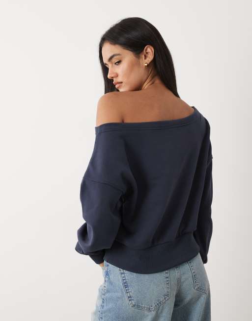 Cotton On relaxed off the shoulder sweatshirt in navy, 4 of 4