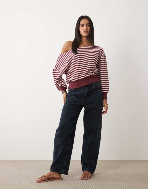Cotton On relaxed off the shoulder sweatshirt in soft pink cherry stripe, 2 of 4