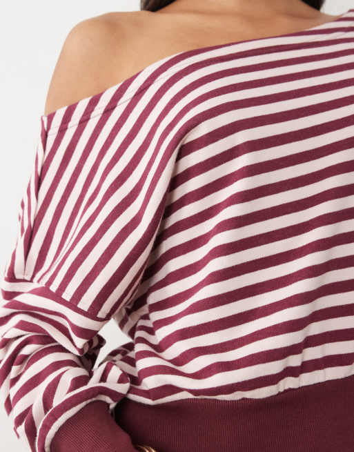 Cotton On relaxed off the shoulder sweatshirt in soft pink cherry stripe, 3 of 4