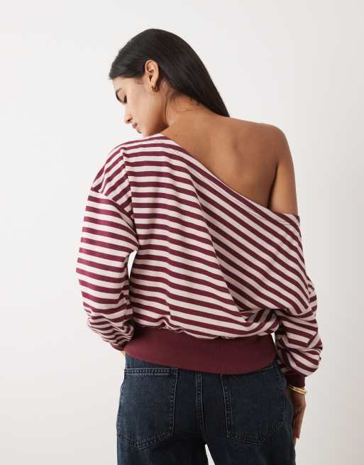 Cotton On relaxed off the shoulder sweatshirt in soft pink cherry stripe, 4 of 4