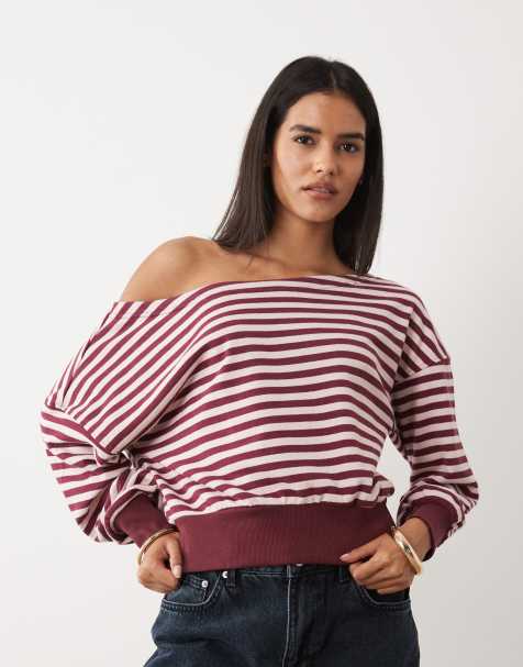 Cotton On relaxed off the shoulder sweatshirt in soft pink cherry stripes - view 1
