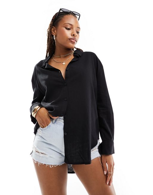 Cotton On relaxed oversized shirt in black linen 