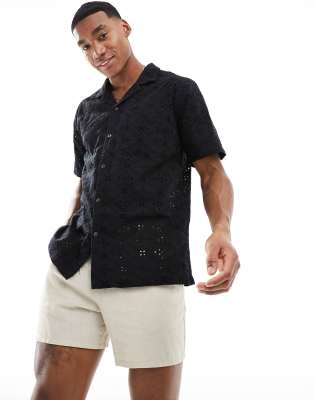 Cotton On relaxed revere shirt in black broderie