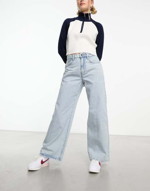 Pull&Bear mid rise wide leg jean in dirty wash blue