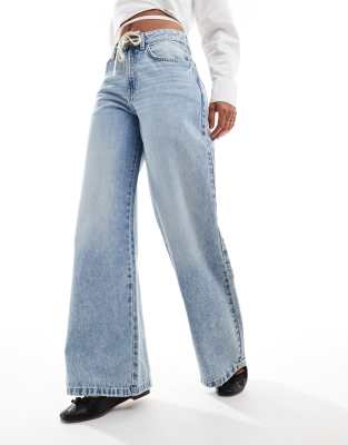 Cotton:On Cotton On relaxed wide leg jeans with shoelace waist detail in oasis blue