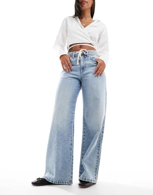 Cotton On relaxed wide leg jeans with shoelace waist detail in oasis blue, 2 of 5