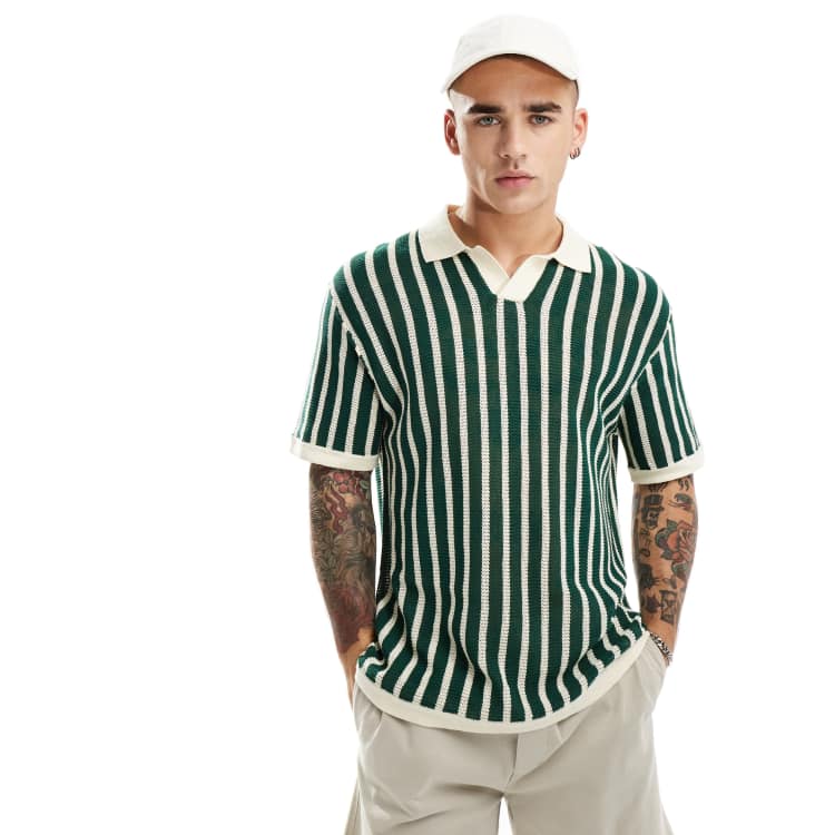 トップスその他 XTONZ XTK098 Flow round short sleeve knit KHAKI XTK098KH Cotton On resort short sleeve knit polo in green stripe | ASOS