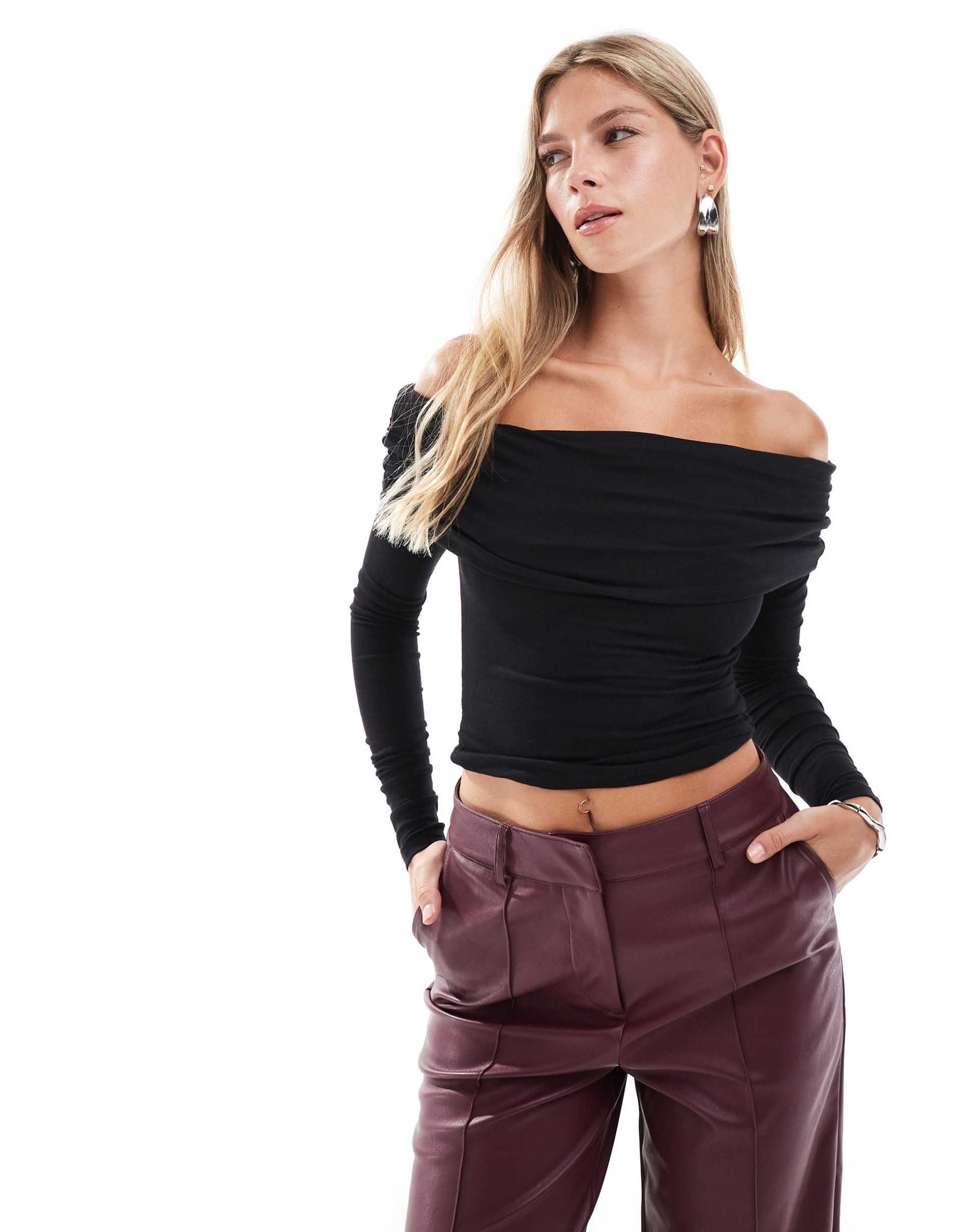 cotton on rhi gathered off-the-shoulder slinky long sleeve top in black