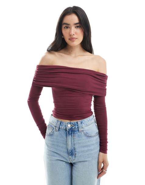 Cotton On Rhi gathered off the shoulder slinky long sleeve top in red - view 1