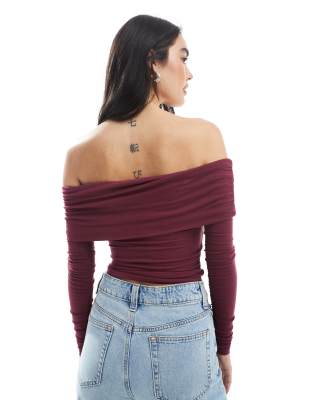 Cotton On Rhi Gathered Off The Shoulder Slinky Long Sleeve Top In Burgundy