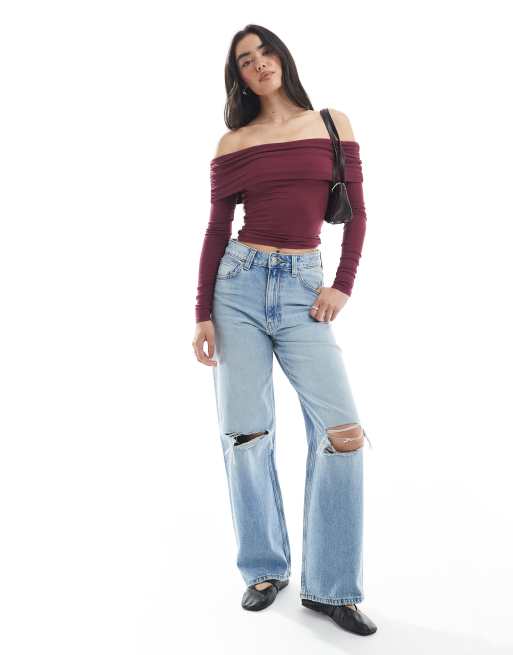 Cotton On Rhi gathered off the shoulder slinky long sleeve top in red, 4 of 4